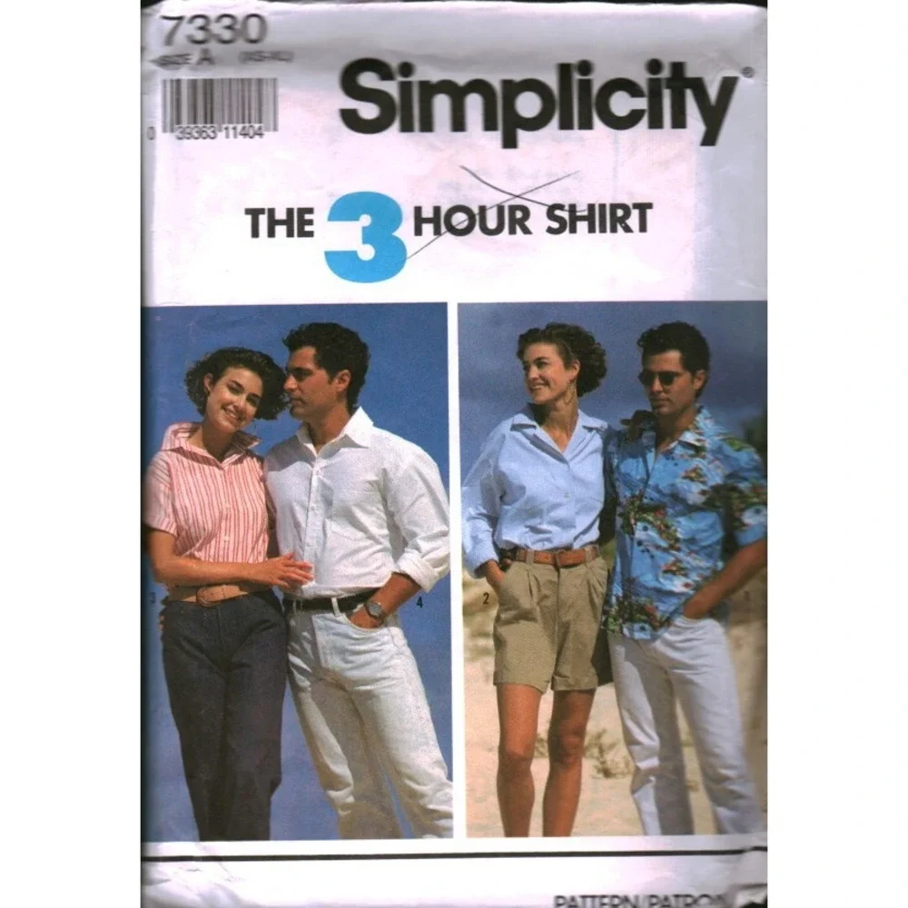 Simplicity 7330 The 3 Hour Shirt Sewing Pattern Unisex Misses Mens XS-M CUT